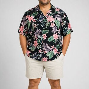 Hawaiian Shirt Mens 3XL Black Palm Fronds Rayon Short Sleeve Button Up Tropical